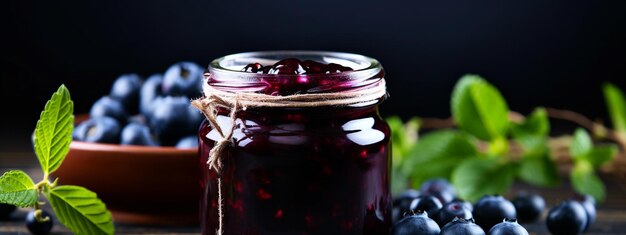 Foto geleia de mirtilo em um frasco de vidro com bagas frescas em uma mesa de madeira