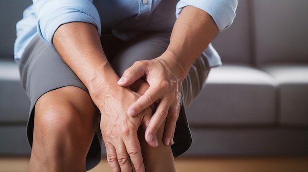 Gelenkschmerzen Arthritis und SehnenproblemeSehnenprobleme Ein Mann berührt das Knie an der Schmerzstelle