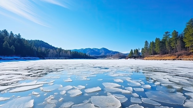 Gelo azul e rachaduras na superfície do gelo Lago congelado sob um céu azul no inverno