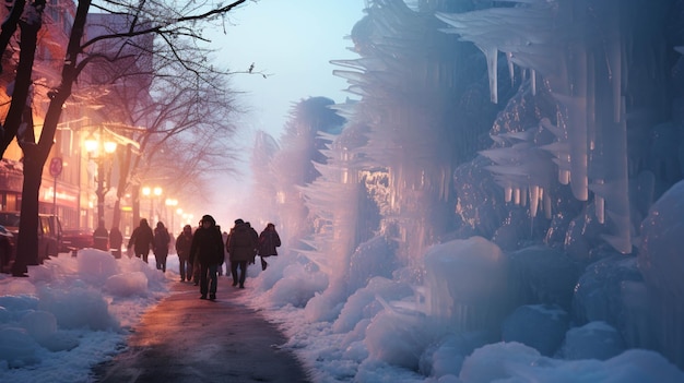 Gelo e pessoas andando na cena da rua