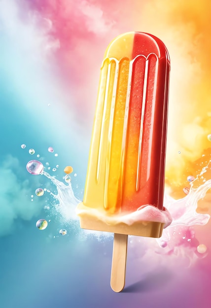 Foto gelo popsicle com fundo vibrante e movimento de salpicaduras líquidas