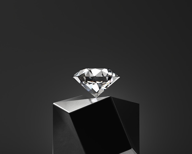 Foto gema de diamante abstrata colocada no fundo preto do pódio 3d render