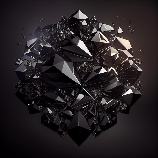 Gema de diamante negro brillante aislada sobre fondo negro piedra mineral preciosa natural ilustración artística