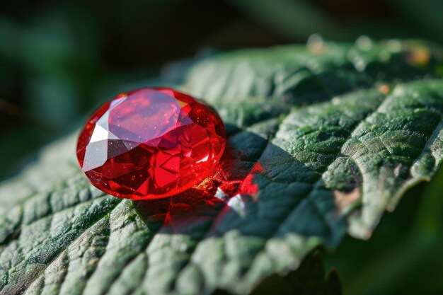 Foto gema de rubí rojo en la hoja