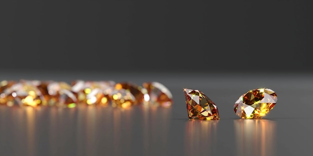 Gema de topacio de diamante redondo colocada sobre fondo de reflexión oscura 3d renderizado enfoque suave