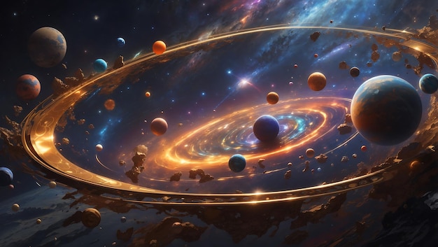 Gemälde, das einen kosmischen Tanz von Planeten und Asteroiden darstellt, umgeben von einem halo von glitzernden