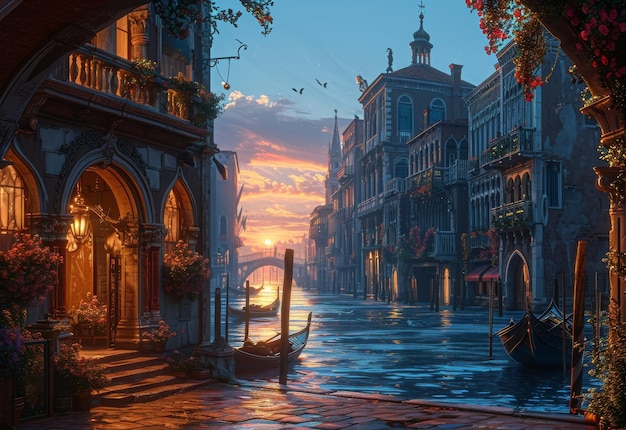 Gemälde des Kanals von Venedig bei Sonnenuntergang, faszinierende Farben, die das ruhige Wasser widerspiegeln