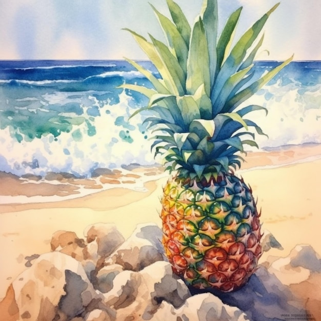 Gemälde einer Ananas am Strand mit einer Welle in generativer KI