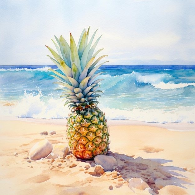 Gemälde einer Ananas am Strand mit Wellen im Hintergrund, generative KI