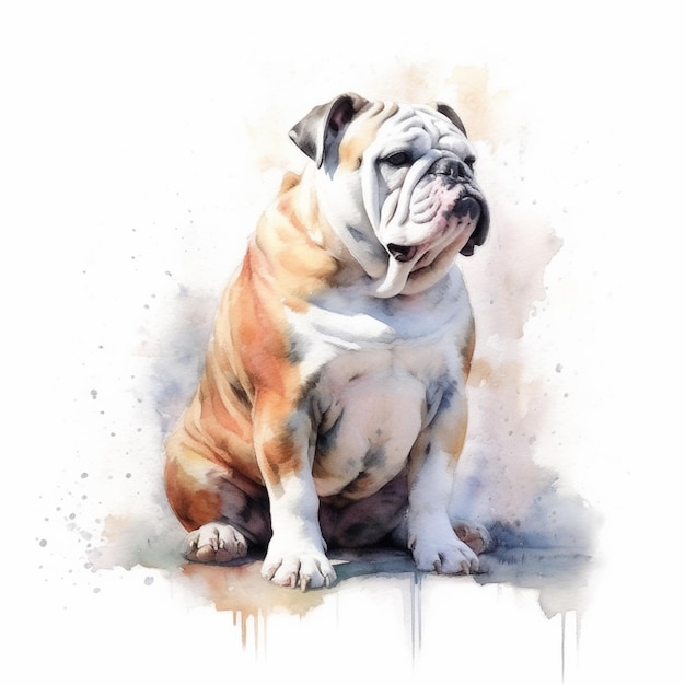 Gemälde einer auf dem Boden sitzenden Bulldogge mit weißem Hintergrund und generativer KI