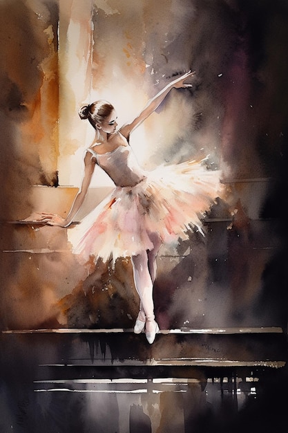 Gemälde einer Ballerina in einem rosa Tutu auf einer Bühne, generative KI