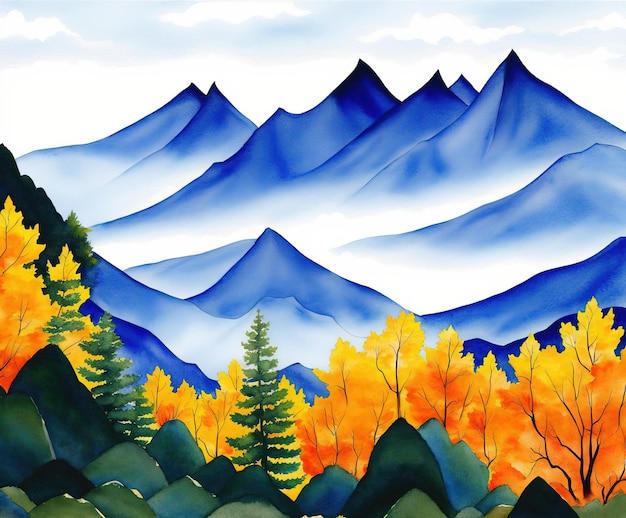 Gemälde einer Berglandschaft mit Bergen und Wald