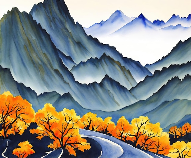 Gemälde einer Berglandschaft mit Bergen und Wald