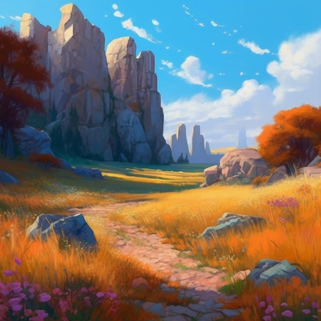Gemälde einer Berglandschaft mit einem Pfad durch das Gras generative KI