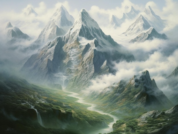 Gemälde einer Bergszene mit einem durchfließenden Fluss generative KI