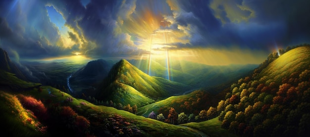 Gemälde einer Bergszene mit einer Sonne, die über das Tal scheint