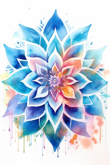 Gemälde einer blauen Blume mit rosafarbener Mitte und grünen Blättern generative ai