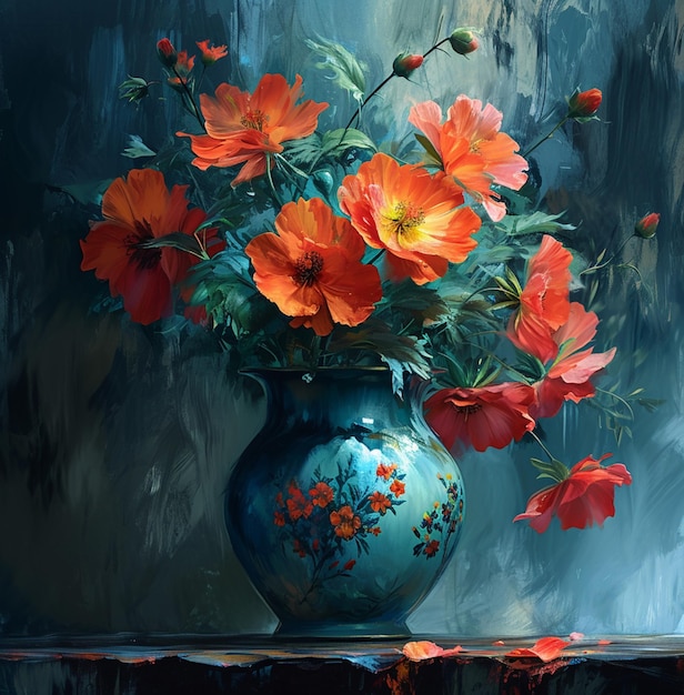 Gemälde einer blauen Vase mit orangefarbenen Blumen darin auf einem Tisch generative KI