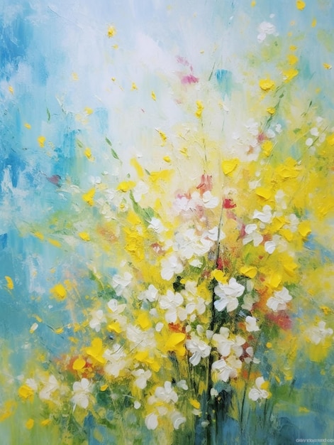 Gemälde einer Blumenvase mit gelben und weißen Blumen generativ ai