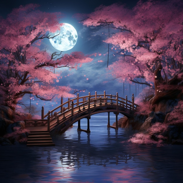 Foto gemälde einer brücke über ein gewässer mit einem vollmond im hintergrund generativ ai