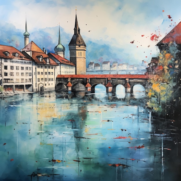 Gemälde einer Brücke über einen Fluss mit Gebäuden und einem Uhrturm, generative KI