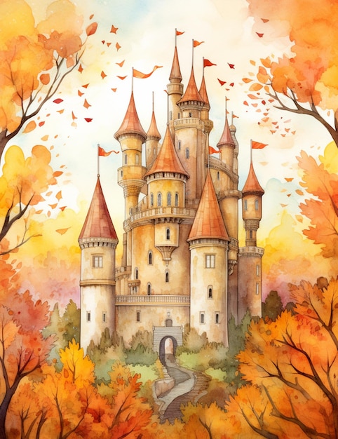 Gemälde einer Burg im Herbst mit Bäumen und Blättern generative KI