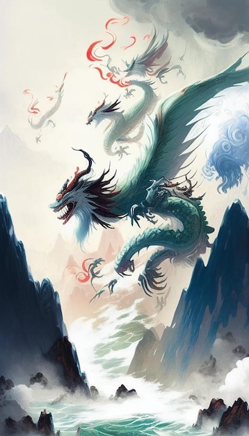 Gemälde einer drachenähnlichen Kreatur mit generativer KI auf einem Berg