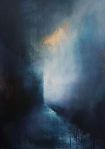 Gemälde einer dunkelblauen und weißen Landschaft mit einem Fluss-Generativ ai