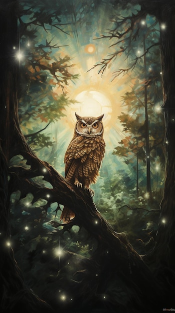 Gemälde einer Eule, die auf einem Baumzweig in einem Wald sitzt