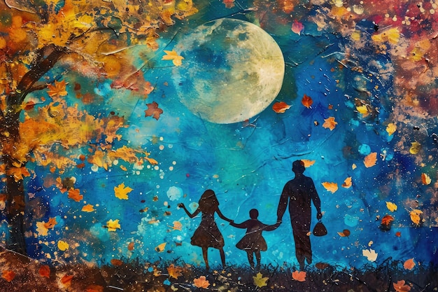 Gemälde einer Familie, die sich unter einem Vollmond die Hände hält, farbenfrohe Herbstblätter, die fallen, während eine Familie vom Thanksgiving-Abendessen unter dem Mondlicht nach Hause geht.