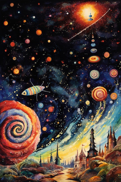 Foto gemälde einer farbenfrohen weltraumszene mit planeten und einer spiralförmigen generativen ki