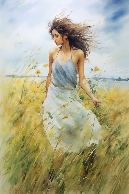 Gemälde einer Frau auf einem Grasfeld mit generativem Himmelshintergrund