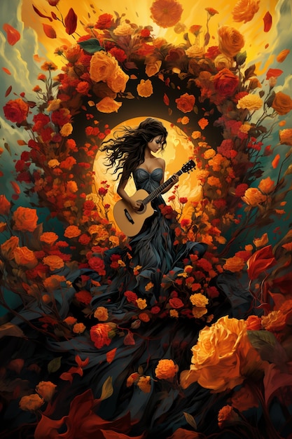 Gemälde einer Frau, die auf einem Blumenfeld Gitarre spielt