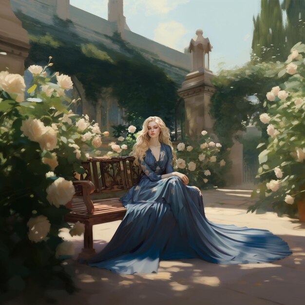 Gemälde einer Frau, die auf einer Bank in einem Garten sitzt