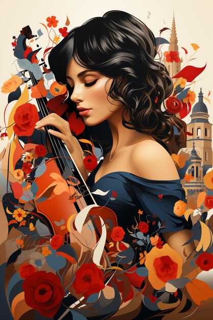 Gemälde einer Frau, die Geige spielt, mit einem Schloss im Hintergrund