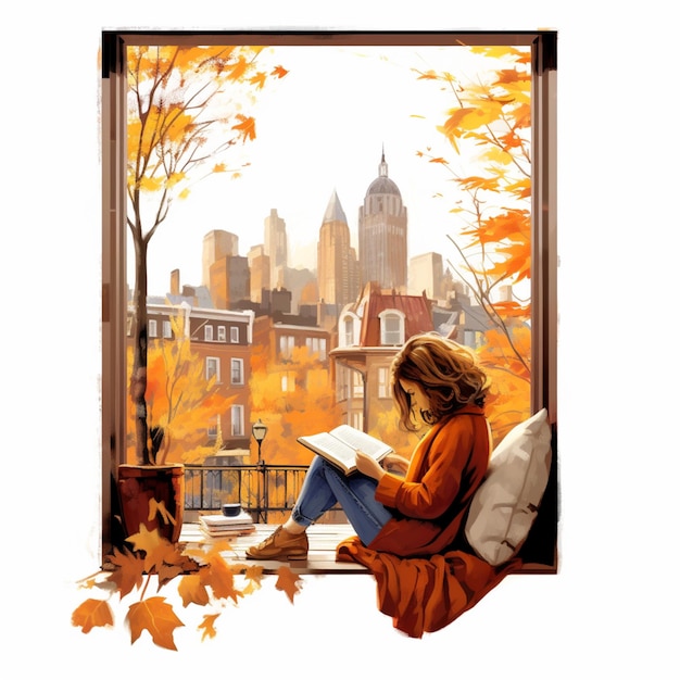 Gemälde einer Frau, die in einem Fenster mit Herbstblättern ein Buch liest, generative KI