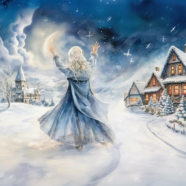 Gemälde einer Frau in einem blauen Kleid, die im Schnee spazieren geht