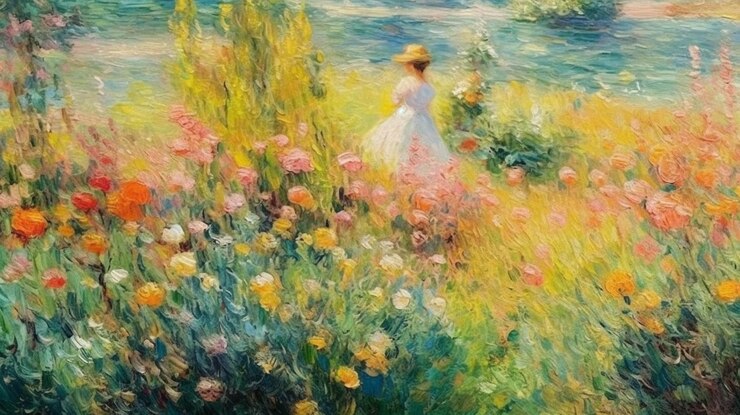 Foto gemälde einer frau in einem blumenfeld mit einem fluss im hintergrund generative ki