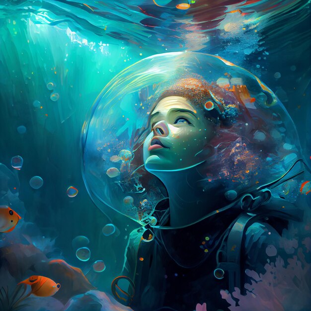 Gemälde einer Frau in einem Fischglas mit einem Fisch im Hintergrund, generative KI