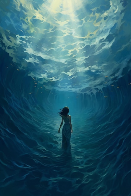 Gemälde einer Frau in einem Kleid, die im Meer spaziert, generative KI