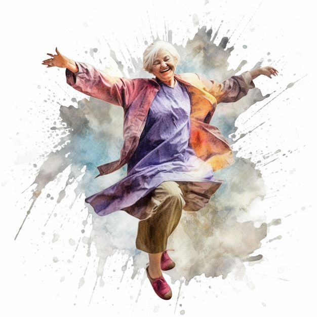 Gemälde einer Frau in einem lila Mantel, die in der Luft springt.