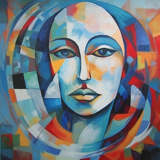 Gemälde einer Frau mit blauem Kopf und rotem Schal generative ai