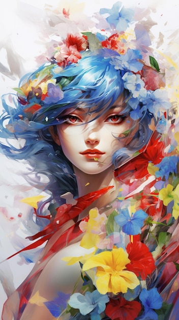 Gemälde einer Frau mit blauen Haaren und Blumen im Haar generative ai