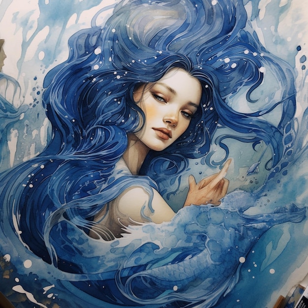 Gemälde einer Frau mit blauen Haaren und einem blauen Kleid generative ai