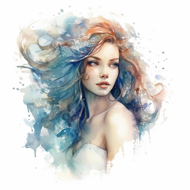 Gemälde einer Frau mit blauen Haaren und einem weißen Kleid