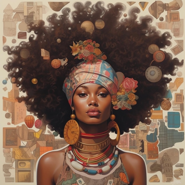 Gemälde einer Frau mit einem großen Afro mit vielen Haaren generative ai