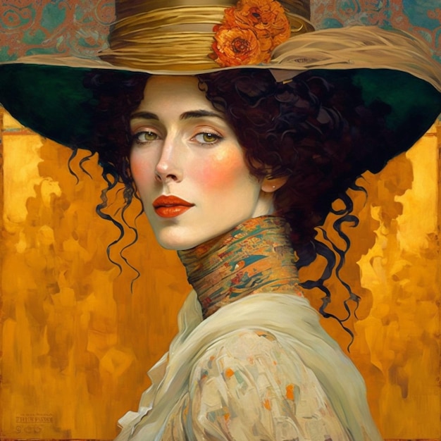 Gemälde einer Frau mit einem Hut und einer Blume im Haar generativ ai
