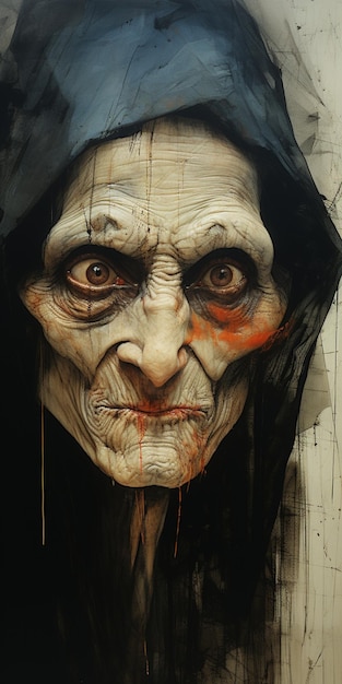 Gemälde einer Frau mit einer Kapuze auf dem Kopf und einem darauf gemalten Gesicht generative ai