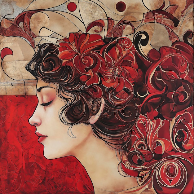 Gemälde einer Frau mit einer roten Blume im Haar Dekorative Drucke