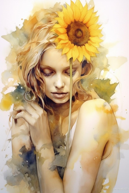 Gemälde einer Frau mit einer Sonnenblume im Haar generativ ai